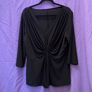 EUC Gathered Front Black V-neck Blouse with 3/4 Sleeves, Sz 2x